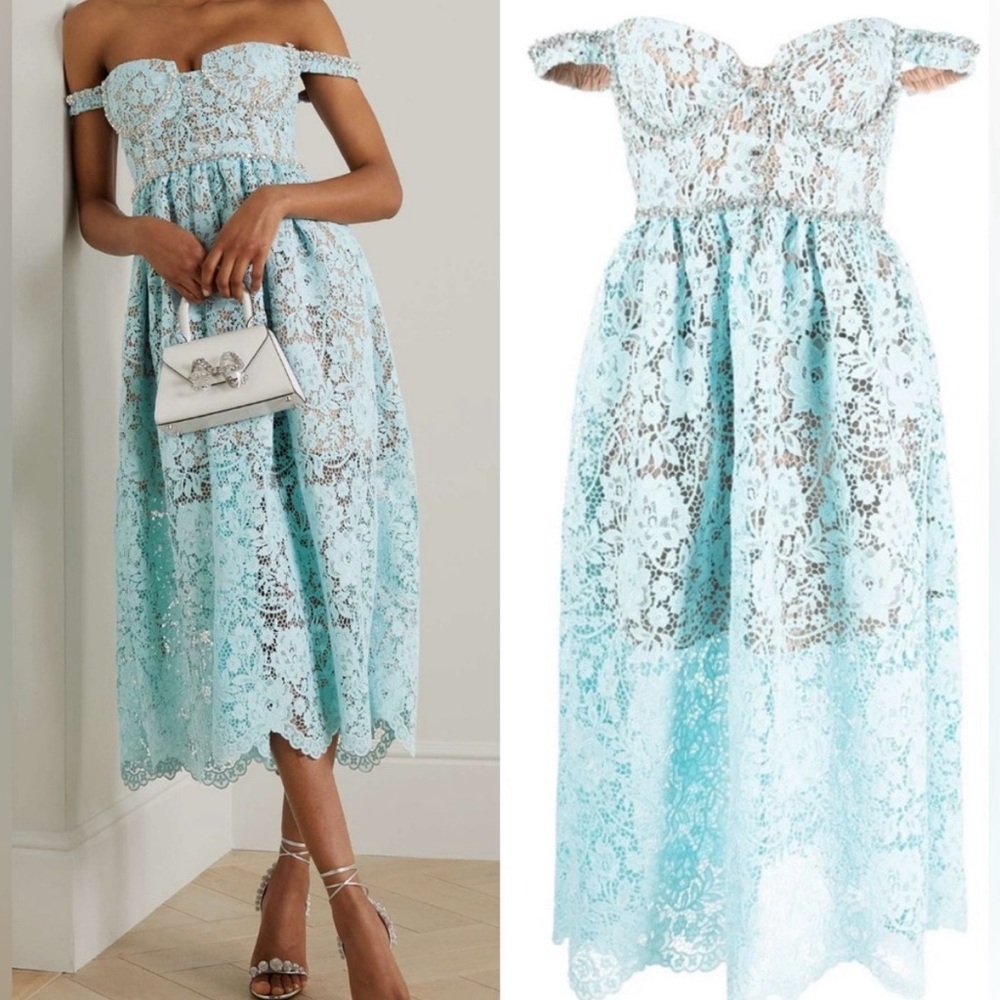 Self-portrait Blue Cord Lace Diamante Midi Dress NWT